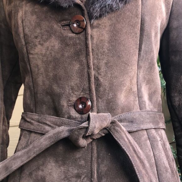 Vintage British Knoles & Carter Chocolate Suede, Fur Trim/Collar Faux Fur Lining - Picture 5 of 15